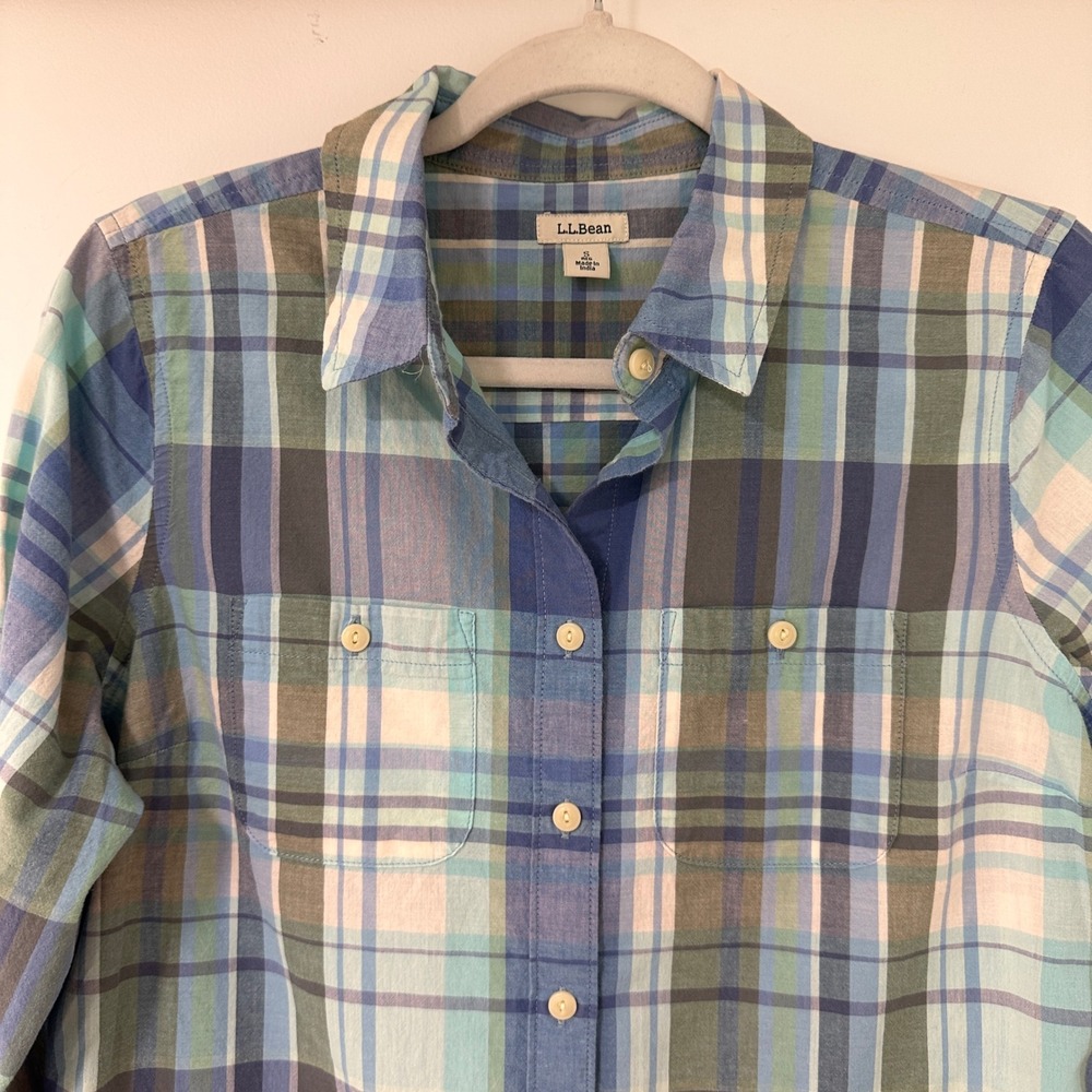 LL Bean Plaid Button Down Shirt Womens S Blue Teal 100% Cotton | Gorpcore - Picture 2 of 9